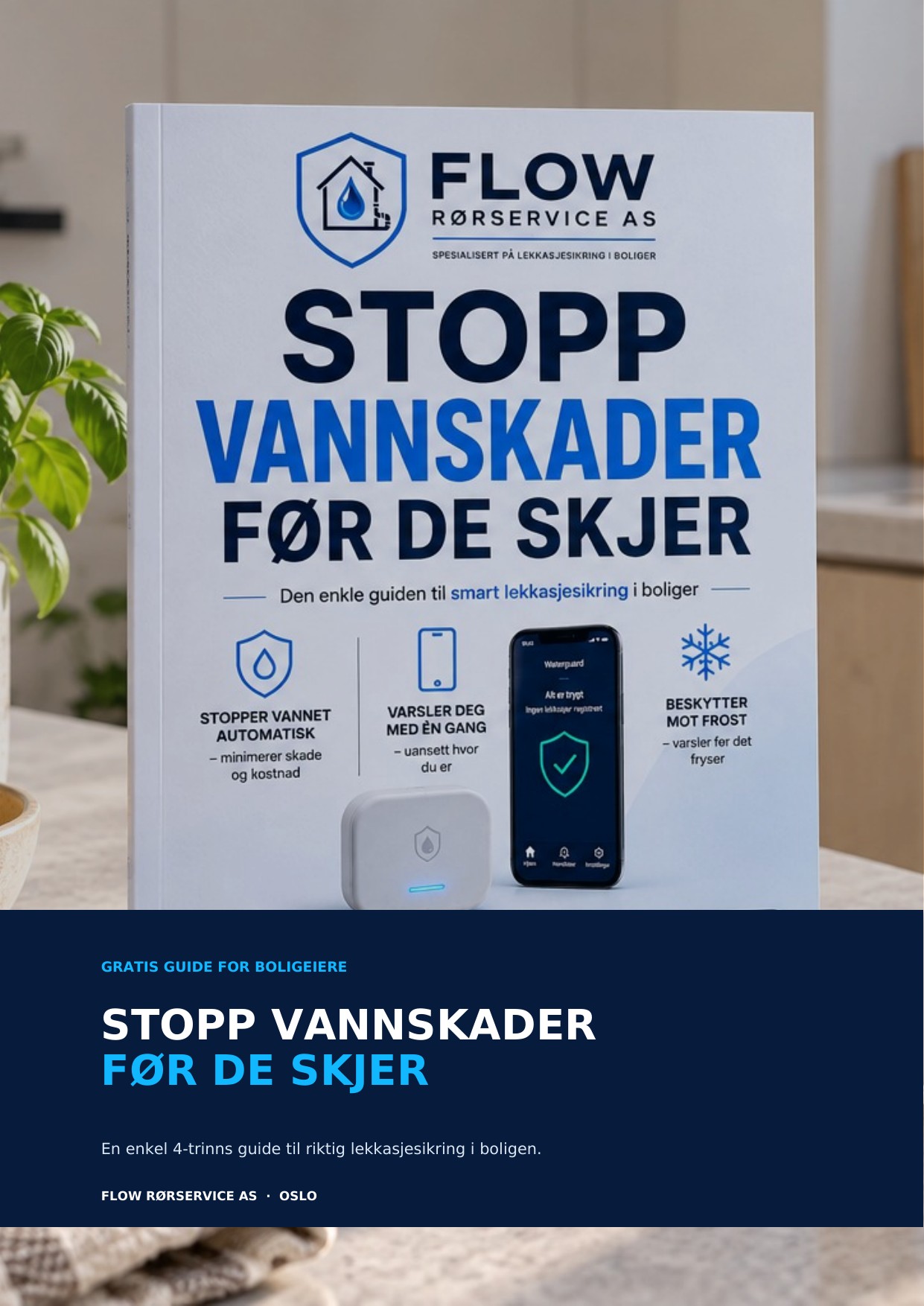 Forsiden av Flow Rørservice sin 4-trinnsguide om Waterguard og lekkasjesikring